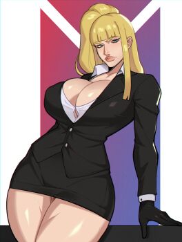 absurdres asymmetrical_hair black_coat black_skirt blonde_hair blue_eyes blunt_bangs breasts cleavage coat ears gloves highres kolin large_breasts office_lady shirt side_ponytail skirt street_fighter street_fighter_iii_(series) thick_lips thick_thighs thighs white_shirt zpark