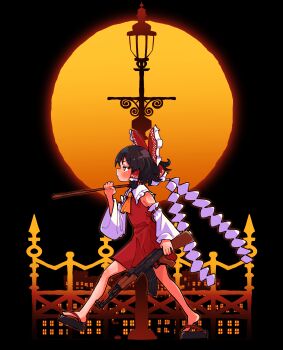 1girl absurdres ak-47 ascot assault_rifle black_sandals blush bow brown_hair commentary detached_sleeves frilled_bow frilled_hair_tubes frills gohei gram_9 gun hair_bow hair_tubes hakurei_reimu highres holding holding_gohei holding_gun holding_weapon kalashnikov_rifle long_hair red_bow red_skirt ribbon-trimmed_sleeves ribbon_trim rifle sandals skirt skirt_set solo touhou weapon yellow_ascot