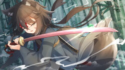 Rule 34 | 1boy, ahoge, animal ear fluff, animal ears, bamboo, bamboo forest, blood, blood on face, brown hair, brown kimono, commission, coreytaiyo, dated, day, floating hair, forest, fox boy, fox ears, fox tail, grey eyes, hair between eyes, highres, holding, holding sword, holding weapon, japanese clothes, katana, kimono, long hair, male focus, nature, one eye closed, open clothes, open mouth, original, outdoors, signature, smoke, solo, sword, tail, translation request, unsheathed, very long hair, weapon