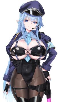 1girl absurdres aqua_nails between_breasts black_bodysuit black_gloves black_pantyhose blue_eyes blue_hair blush bodystocking bodysuit boots breasts character_pria commentary covered_navel english_commentary fingerless_gloves gloves hat headphones highres holster krabking large_breasts looking_at_viewer necktie necktie_between_breasts original pantyhose pointy_ears police police_hat police_uniform policewoman revealing_clothes shrug_(clothing) simple_background smile solo thigh_boots thigh_holster white_background