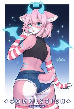 1girl :d absurdres animal_ear_fluff animal_ears aqua_eyes ass bare_shoulders blue_background blue_shorts blue_wings blush commentary commission detached_sleeves english_commentary from_behind furry furry_female gradient_background hand_up highres long_sleeves looking_at_viewer looking_back micro_shorts mo_(k40633) open_mouth original pink_hair short_hair shorts simple_background smile solo striped_clothes striped_sleeves striped_thighhighs tail thighhighs wings