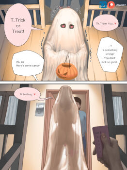 ...? 1girl 2boys 2koma absurdres comic commentary controller egg_vibrator english_commentary english_text ghost ghost_costume halloween halloween_costume heart heart-shaped_eyes highres implied_vibrator instant_loss looking_at_viewer multiple_boys original outline patreon_username pixiv_username pov pov_hands remote_control remote_control_vibrator see-through_clothes sex_toy solo_focus speech_bubble spoken_heart talking trembling trick_or_treat vibrator wjs07