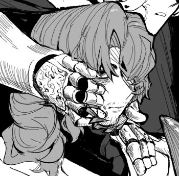 2boys absurdres alternate_costume armor arthropod_boy arthropod_limbs bags_under_eyes bandage_on_face bandage_over_one_eye bandaged_head bandages beard_stubble clenched_teeth close-up cockroach_boy collared_jacket eyepatch facial_hair from_side g_corp._(identity)_(project_moon) gauntlets gregor_(project_moon) greyscale guro hair_between_eyes hair_over_one_eye hair_over_shoulder half-closed_eyes hand_on_another's_face hand_on_another's_head hand_on_another's_shoulder hand_up hands_up hatching_(texture) head_grab head_out_of_frame high_collar highres jacket limbus_company long_hair long_sleeves looking_ahead low_ponytail male_focus medical_eyepatch meursault_(project_moon) monochrome monster_boy multiple_boys n_corp._fanatic_(identity)_(project_moon) official_alternate_costume one_eye_covered out_of_frame parted_bangs parted_lips ponytail portrait project_moon sanpaku shirt simple_background sketch solo_focus stubble sweater teeth tube turtleneck turtleneck_sweater upper_body veins veiny_face white_background