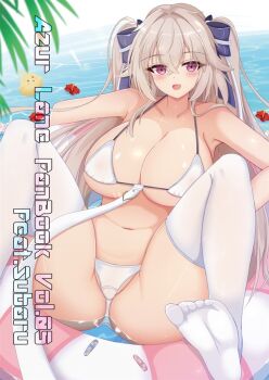 &gt;_&lt; 1girl anchorage_(azur_lane) anchorage_(dolphins_and_swim_lessons)_(azur_lane) azur_lane bare_shoulders bikini breasts brown_hair day english_text hair_between_eyes large_breasts long_hair looking_at_viewer m_legs manjuu_(azur_lane) nao_(naobinarydigit) official_alternate_costume outdoors purple_eyes solo spread_legs summer swimsuit thighhighs variant_set very_long_hair water white_bikini white_thighhighs