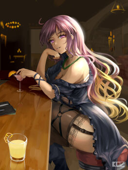 Rule 34 | 1girl, absurdres, alternate costume, bar (place), bar stool, beads, black dress, blonde hair, blue boots, boots, breasts, brown thighhighs, candle, cleavage, commentary, contemporary, crossed legs, cup, dress, drinking glass, edz drawz, english commentary, fold-over boots, garter straps, gradient hair, highres, hijiri byakuren, long hair, looking at viewer, multicolored hair, prayer beads, purple eyes, purple hair, sitting, smile, solo, stool, thighhighs, touhou, very long hair, wallet