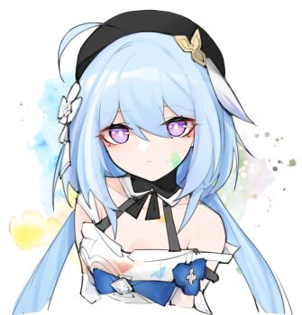 Rule 34 | 1girl, absurdres, ahoge, beret, black choker, black hat, blue bow, blue flower, blue hair, bow, choker, closed mouth, commentary request, dress, error1980, feather hair ornament, feathers, flower, foreshortening, griseo, griseo (starry impression), hair ornament, hat, highres, honkai (series), honkai impact 3rd, long hair, looking at viewer, off-shoulder dress, off shoulder, paint splatter, paint splatter on face, paint stains, purple eyes, solo, twintails, upper body, very long hair, white dress