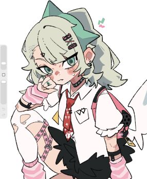 1girl art_program_in_frame bandaid bandaid_hair_ornament black_skirt blush chinatsu_remiel closed_mouth collar earrings elbow_on_knee fang fur-trimmed_skirt fur_trim green_eyes green_hair hair_ornament hashtag-only_commentary highres jewelry knee_up leg_warmers looking_at_viewer multiple_hair_clips multiple_rings multiple_thigh_straps musical_note_earrings necktie pink_arm_warmers pink_bag pink_leg_warmers red_necktie ring shirt simple_background single_thighhigh skirt solo striped_arm_warmers striped_leg_warmers sweatdrop thigh_strap thighhighs torn_clothes torn_thighhighs uracata white_background white_shirt white_thighhighs white_wings winged_bag wings zenless_zone_zero