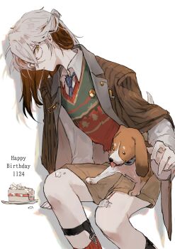 Rule 34 | 1other, animal, animal on lap, beagle, blue necktie, brown hair, brown jacket, brown shorts, cake, cake slice, commentary, dated, english commentary, feet out of frame, food, glasses, green vest, grey hair, happy birthday, highres, invisible chair, jacket, jacket on shoulders, karako (red-tea), legwear garter, looking at viewer, medicine pocket, medicine pocket (the cosmos photographer), multicolored hair, necktie, official alternate costume, on lap, profile, red socks, red vest, reverse:1999, shadow, shirt, shorts, sitting, socks, solo, striped clothes, striped jacket, two-tone hair, two-tone vest, utensil in mouth, vertical-striped clothes, vertical-striped jacket, vest, white background, white shirt, yellow eyes
