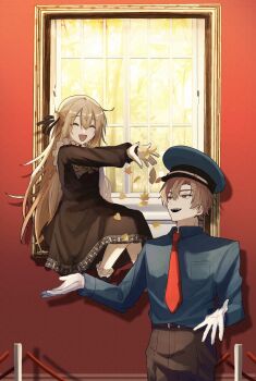 1boy 1girl absurdres alternate_costume blue_shirt boots brown_dress brown_hair character_request check_character closed_eyes collared_shirt cover cover_page dress falling_leaves full_body gloves grin hair_ribbon hat highres leaf lee_gilyoung long_hair necktie omniscient_reader&#039;s_viewpoint outstretched_arms portrait_(object) qxt7_ft red_necktie ribbon shin_yoosung shirt smile stanchion through_photo white_gloves window_light