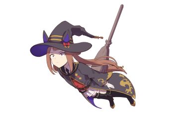 1girl absurdres animal_ears black_boots black_necktie black_robe boots braid braided_hair_rings broom brown_hair collared_shirt flying full_body hair_rings hat highres horse_ears horse_girl horse_tail long_hair motsunabe_(mo2nap3) necktie pleated_skirt red_sweater robe role_reversal shirt simple_background skirt solo sweater sweater_vest sweep_tosho_(platanus_witch)_(umamusume) sweep_tosho_(umamusume) tail umamusume white_background white_shirt white_skirt witch_hat you're_doing_it_wrong