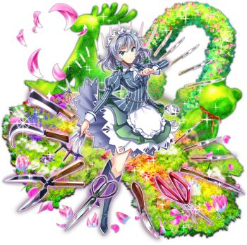 1girl alternate_costume apron ascot blue_boots blue_eyes blue_shirt boots bow braid breasts closed_mouth falling_petals flower flower_request frilled_skirt frills full_body game_cg gardening_shears glint green_bow green_skirt grey_hair hair_bow hedge hedge_trimmer highres holding holding_knife izayoi_sakuya izayoi_sakuya_(lightning-speed_maid) juliet_sleeves knee_boots knife koumajou_densetsu long_hair long_sleeves looking_at_viewer maid maid_headdress official_art petals pink_flower pink_petals plant pocket_watch puffy_sleeves rotte_(1109) scissors shirt skirt solo sparkle striped_clothes striped_shirt third-party_source tools touhou touhou_lostword transparent_background twin_braids vertical-striped_clothes vertical-striped_shirt waist_apron watch white_apron white_ascot