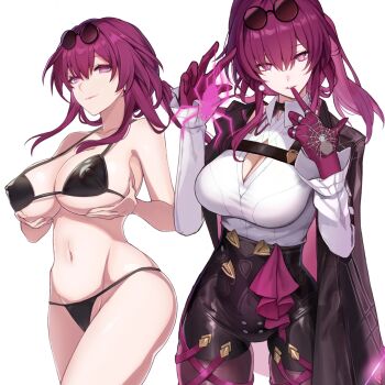 1girl bikini black_bikini black_coat black_shorts breasts coat commentary_request covered_erect_nipples eyewear_on_head grabbing_own_breast high-waist_shorts highres honkai:_star_rail honkai_(series) kafka_(honkai:_star_rail) large_breasts long_hair looking_at_viewer multiple_views navel purple_eyes purple_hair round_eyewear saint_laurent_paris shirt shorts simple_background smile solo stomach sunglasses swimsuit thighs white_background white_shirt