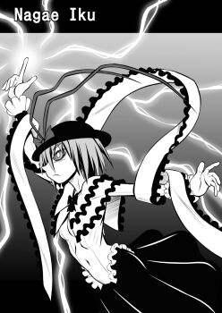 1girl arm_up ayana_mizuki bags_under_eyes bow breasts closed_mouth commentary_request cowboy_shot electricity electrokinesis expressionless frilled_shirt frills greyscale hagoromo hat hat_bow highres lightning looking_afar medium_breasts monochrome nagae_iku navel open_clothes open_shirt shawl shirt short_hair skirt solo touhou