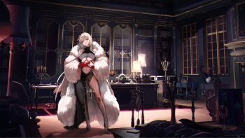 1girl absurdres analog_clock animal asymmetrical_clothes bare_shoulders black_dress black_footwear blonde_hair book bookshelf bottle breasts brown_pantyhose buttons candle chandelier claw_ring clock closed_mouth clothes_rack clothing_cutout coat collarbone cross cup desk desk_lamp dress drinking_glass elbow_gloves evening_gown fire fireplace flower fur_coat game_cg gem glass_bottle gloves gluteal_fold gold_hairband gold_necklace green_gemstone grey_eyes hair_ornament hairband high_heels highres holding holding_animal holding_rabbit huge_breasts indoors jewelry lamp last_origin leona_of_blood_&amp;_iron library lips long_coat long_dress long_hair looking_at_viewer multiple_rings navel necklace night official_alternate_costume official_art outstretched_leg pantyhose pendulum_clock petting picture_frame pinkmill purple_gemstone quill rabbit red_carpet red_eyes red_flower red_gloves red_wine ring sidelocks sleeveless sleeveless_dress solo spade_(shape) standing stomach_cutout striped_clothes striped_pantyhose table taut_clothes taut_dress thick_thighs thighs tray underboob underboob_cutout vase vertical-striped_clothes vertical-striped_pantyhose very_long_hair white_fur white_rabbit_(animal) window wine wine_bottle wine_glass wooden_floor wooden_table