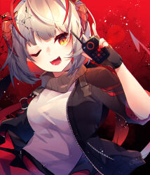 Rule 34 | 1girl, antenna hair, arknights, aruke0, black gloves, black jacket, breasts, commentary, crack, demon girl, demon horns, demon tail, fingerless gloves, gloves, gradient background, hand up, highres, holding walkie-talkie, horns, jacket, large breasts, looking at viewer, nail polish, one eye closed, open mouth, orange eyes, red background, red hair, red nails, red skirt, shirt, short hair, skirt, smile, solo, tail, w (arknights), walkie-talkie, white hair, white shirt