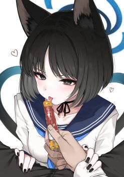 1boy 1girl absurdres animal_ear_fluff animal_ears black_choker black_eyes black_hair black_nails black_pants blue_archive blue_halo blue_neckerchief blue_sailor_collar blush breasts cat_ears cat_girl cat_tail catnip choker halo hand_on_another&#039;s_thigh hand_on_another&#039;s_wrist highres hyouta_(yoneya) kikyou_(blue_archive) large_breasts licking multiple_tails neckerchief pants parted_bangs pov sailor_collar shirt short_hair tail tongue tongue_out two_tails white_shirt