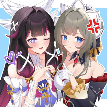 Rule 34 | 2girls, absurdres, anger vein, bare shoulders, black collar, black hair, black sleeves, blue eyes, blush, bonnet, breasts, brown hair, cleavage, closed mouth, club (shape), collar, columbina (genshin impact), commentary, crescent, detached collar, detached sleeves, dress, english commentary, genshin impact, gloves, hair ornament, hair ribbon, head wings, headdress, heart, heart hands, heart hands duo, heart hands failure, highres, lacrhyme, long hair, long sleeves, looking at viewer, multicolored hair, multiple girls, multiple wings, one eye closed, open mouth, pout, purple hair, purple streaks, ribbon, sandrone (genshin impact), short hair with long locks, smile, streaked hair, two-tone hair, very long hair, white dress, white gloves, white headdress, white wings, wing hair ornament, wings, wrist bow