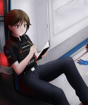 Rule 34 | 1girl, absurdres, ambulance, ambulance interior, black pants, blood, book, brown hair, bulletproof vest, caduceus, car, car interior, closed mouth, commentary, commission, emblem, english commentary, english text, exhausted, expressionless, fuchsbau49, highres, holding, holding book, holding pen, looking down, motor vehicle, original, pants, paramedic, patch, pen, rod of asclepius, russo-ukrainian war, short hair, sitting, star of life, translated, ukraine, ukrainian flag, ukrainian text, writing
