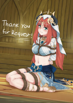 1girl aqua_eyes arms_behind_back bdsm blush bondage bound bound_ankles bound_arms bound_legs bound_wrists breast_bondage breasts crop_top dancer fake_horns frogtie genshin_impact gladiator_sandals gold_sandals gold_trim harem_outfit highres horns jewelry kertaspata long_hair long_sleeves looking_at_viewer medium_breasts navel neck_ring nilou_(genshin_impact) puffy_long_sleeves puffy_sleeves red_hair restrained rope sandals shibari shibari_over_clothes solo stomach thighlet twintails veil white_veil