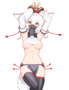 Rule 34 | 1girl, adapted costume, animal ears, armpits, arms up, bare shoulders, black thighhighs, blush, bound, bound wrists, breasts, chain, commentary request, cowboy shot, cuffs, detached sleeves, ecchuu fundoshi, eyelashes, fundoshi, hair between eyes, handcuffs, hat, highres, inubashiri momiji, japanese clothes, large breasts, loincloth, looking at viewer, medium breasts, midriff, migu (iws2525), mouth veil, navel, open mouth, pelvic curtain, pom pom (clothes), red eyes, red ribbon, restrained, ribbon, shirt, short hair, simple background, sleeveless, sleeveless shirt, solo, standing, stomach, tail, tassel, tearing up, teeth, thighhighs, tokin hat, touhou, underboob, upper teeth only, veil, white background, white hair, white shirt, wolf ears, wolf tail