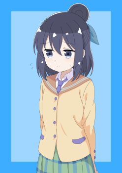 1girl blue_background blue_eyes blue_hair closed_mouth dot_nose feet_out_of_frame female_focus hair_between_eyes hair_bun jin_1116 long_sleeves medium_hair murakami_shiina necktie sailor_collar school_uniform serafuku shirt simple_background skirt solo standing stella_no_mahou sweatdrop white_hair