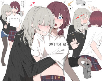 !? 2girls beer_can black_choker black_pantyhose black_sweater blue_eyes blue_shorts can choker closed_eyes commentary drink_can drunk english_text girls_band_cry grabbing_another's_breast grabbing_from_behind grey_hair grin groping hand_under_clothes hand_under_shirt head_on_another's_shoulder heart highres holding holding_can iseri_nina kaosmccloud kawaragi_momoka long_hair long_sleeves multiple_girls no_shoes open_mouth pantyhose pleated_skirt red_hair red_skirt shirt short_twintails shorts simple_background skirt slap_mark slapping smile sweatdrop sweater translation_request twintails twitter_username white_background white_shirt yuri