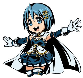 Rule 34 | 1girl, blue eyes, blue hair, cape, fortissimo, gloves, hair ornament, hairclip, looking at viewer, magical girl, mahou shoujo madoka magica, mahou shoujo madoka magica (anime), miki sayaka, miki sayaka (magical girl), musical note, musical note hair ornament, open mouth, short hair, simple background, skirt, smile, solo, teeth, thighhighs, upper teeth only, white background, white gloves, white thighhighs, yuuya (blue scarab)