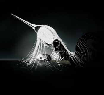 Rule 34 | 2girls, absurdly long hair, arthropod girl, black skin, bodysuit, boopie, colored skin, commentary, dark, english commentary, faceless, giant, giantess, glowing, grand mother silk (hollow knight), hat, highres, hollow knight, hollow knight: silksong, juliet sleeves, lace (hollow knight), long hair, long sleeves, looking at another, mother and daughter, multiple girls, no mouth, person on hand, puffy sleeves, sleeping, spoilers, very long hair, white bodysuit, white hair, white hat