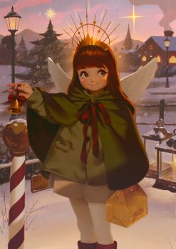 Rule 34 | 1girl, 2026, 20s, alkemanubis, angel, angel wings, bell, blush, box, brown eyes, brown hair, brown shoes, candle, capelet, christmas, christmas lights, christmas star, christmas tree, church, cloud, coat, cross, facial mark, green capelet, green coat, grey skirt, happy new year, holding, holding bell, holding box, house, lamppost, lantern, long hair, long sleeves, looking to the side, mountain, neck ribbon, new year, original, pantyhose, red ribbon, ribbon, shoes, sign, skirt, sky, smile, smoke, snow, standing, star (symbol), star facial mark, star of bethlehem, star on cheek, tiara, tree, white pantyhose, wings, winter