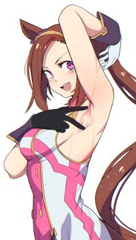 Rule 34 | 1girl, absurdres, animal ears, arm up, armpits, asymmetrical gloves, bakushin o armpit gif (meme), black gloves, blush, breasts, brown hair, commentary, epaulettes, flower in eye, gloves, gold hairband, hairband, highres, hinghoi, horse ears, horse girl, horse tail, large breasts, long hair, looking at viewer, meme, mismatched gloves, neckerchief, open mouth, ponytail, presenting armpit, purple eyes, sakura bakushin o (blossom in learning) (umamusume), sakura bakushin o (umamusume), single epaulette, sleeveless, smile, solo, sweat, symbol in eye, tail, teeth, umamusume, upper teeth only, white gloves, yellow neckerchief