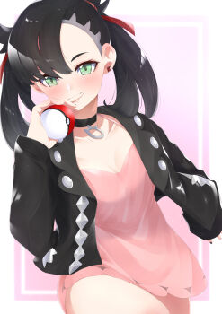 1girl absurdres asymmetrical_bangs black_choker black_hair black_jacket black_nails blush breasts choker cleavage collarbone commentary_request dress earrings green_eyes hair_ribbon hand_up highres holding holding_poke_ball jacket jewelry looking_at_viewer marnie_(pokemon) medium_breasts nintendo open_clothes open_jacket pink_dress poke_ball poke_ball_(basic) pokemon pokemon_swsh red_ribbon ribbon short_dress single_earring solo tutinako twintails