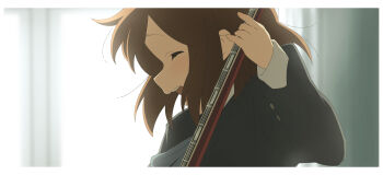 Rule 34 | 1girl, 46 crt, absurdres, blazer, border, closed eyes, commentary request, electric guitar, from side, guitar, happy, highres, hirasawa yui, holding, holding guitar, holding instrument, instrument, jacket, k-on!, long sleeves, sakuragaoka high school uniform, school uniform, shirt, short hair, solo, white border, white shirt, winter uniform