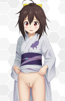 1girl ahoge blush breasts brown_hair clothes_lift embarrassed female_focus female_pubic_hair frame_arms_girl gennai_ao hair_ornament hair_ribbon high_ponytail highres honeycomb_(pattern) honeycomb_background honeycomb_pattern japanese_clothes kimono kimono_lift long_hair nanikairu no_panties obi open_mouth ponytail pubic_hair pussy red_eyes ribbon sash solo standing tears uncensored yukata