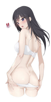 ! 1girl ass black_hair blush bra breasts butt_crack cowboy_shot flustered from_behind hands_on_own_ass hibike!_euphonium highres hook kousaka_reina lie_lack1080 long_hair looking_at_viewer looking_back medium_breasts open_mouth panties panty_pull purple_eyes solo spoken_exclamation_mark sweat underwear white_background white_bra white_panties