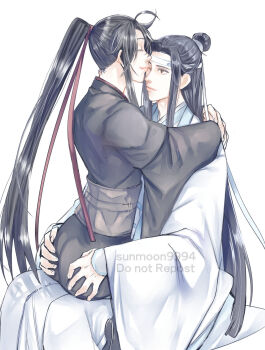 2boys ahoge bishounen black_hair black_hanfu brown_eyes chinese_clothes closed_eyes closed_mouth commentary_request couple grabbing_another's_ass grey_sash groping hair_ribbon hands_on_another's_ass hanfu headband high_ponytail highres hug kiss kissing_forehead lan_wangji long_hair long_sleeves looking_at_another male_focus modao_zushi multiple_boys one_eye_closed ponytail profile red_ribbon ribbon robe sidelocks simple_background sitting sitting_on_lap sitting_on_person smile sunmoon9994 topknot twitter_username very_long_hair watermark wei_wuxian white_background white_hanfu white_headband wide_sleeves xiao_guan_(headdress) yaoi yellow_eyes