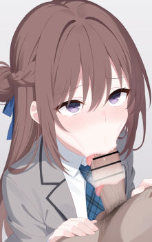 :&gt;= bar_censor blush braid brown_hair censored collared_shirt commentary_request erection fellatio grey_jacket half_up_braid hetero jacket large_penis long_hair long_sleeves medium_hair mizuno-go necktie open_mouth oral paid_reward_available penis plaid_clothes plaid_necktie sendai_hazuki shirt shuuniichido_classmate_wo_kau_hanashi smegma veins veiny_penis white_shirt