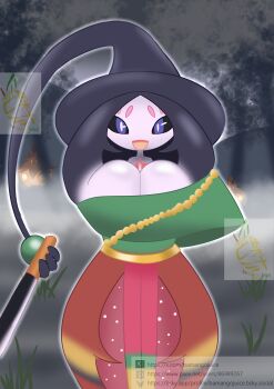 1other bamangojuice black_hair cosplay crossover dead_by_daylight dress facing_viewer fog gen_6_pokemon gen_8_pokemon hat hatterene holding holding_weapon knife krasue looking_at_viewer night nintendo no_headwear open_mouth outdoors pokemon pokemon_(creature) pokemon_focus pumpkaboo smile tentacle_hair tree weapon witch_hat