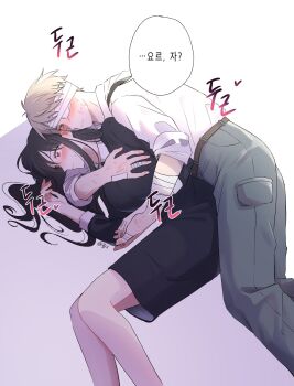 1boy 1girl black_hair blonde_hair blush breasts couple dress hair_between_eyes hetero highres hug hug_from_behind long_hair paper_28 red_eyes shirt short_hair sidelocks spy_x_family twilight_(spy_x_family) yor_briar