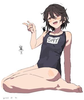 Rule 34 | 2girls, ahoge, alternate eye color, barefoot, black hair, double bun, hair bun, highres, huge ahoge, kneeling, legs, looking at viewer, momijiyama teru, multiple girls, one-piece swimsuit, open mouth, red eyes, school swimsuit, short hair, shy (series), simple background, swimsuit, takatisakana, teeth, toes, upper teeth only, v, white background