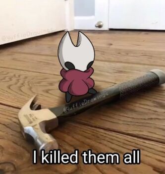 1girl black_eyes chibi cloak english_text hammer hollow_eyes hollow_knight hollow_knight:_silksong horned_mask hornet_(hollow_knight) indoors lowres mask meme red_cloak sitting solo white_mask wooden_floor yuffie_drawings