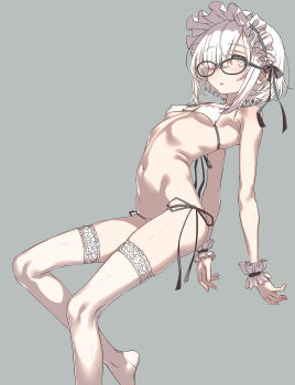 Rule 34 | 1girl, absurdres, arched back, bikini, breasts, commentary request, covered erect nipples, frilled wrist cuffs, frills, glasses, hair over one eye, hairband, highres, hip bones, lolita hairband, looking at viewer, navel, open mouth, original, sakuya tsuitachi, short hair, side-tie bikini bottom, simple background, small breasts, solo, swimsuit, thighhighs, wrist cuffs