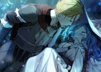 1boy 1girl absurdres anikitooreto armor blonde_hair blue_eyes blue_hair blue_skin blush bracelet breastplate cape colored_skin couple doll_joints dress elden_ring extra_arms faulds fromsoftware fur_trim glowing hat hetero highres imminent_kiss jewelry joints lying one_eye_closed ranni_the_witch ring shoulder_armor tarnished_(elden_ring) white_dress wide_sleeves witch_hat