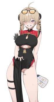 Rule 34 | 1girl, ahoge, black dress, blush, body writing, breasts, brown hair, china dress, chinese clothes, clothes lift, dress, eyewear on head, hair over one eye, hand fan, highres, holding, holding fan, large breasts, looking at viewer, pelvic curtain, pelvic curtain lift, purple eyes, pussy juice, short twintails, simple background, sink (fukasa259742), smile, solo, standing, sunglasses, sweety (zenless zone zero), thigh strap, thighs, tinted eyewear, twintails, white background, yellow-tinted eyewear, zenless zone zero