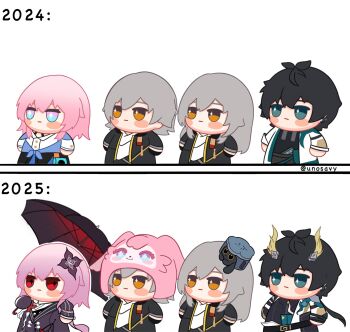 2024 2025 2boys 2girls antenna_hair armor artist_name belt black_belt black_coat black_dress black_gloves black_hair black_jacket black_pants black_shirt black_skirt blue_eyes blue_jacket blush_stickers border buttons caelus_(honkai:_star_rail) cake_cat_(honkai:_star_rail) camera character_hat chibi chibi_only chinese_clothes closed_mouth clothes_around_waist coat collared_shirt commentary dan_heng_(honkai:_star_rail) dan_heng_(hunt)_(honkai:_star_rail) dan_heng_(permansor_terrae)_(honkai:_star_rail) dragon_boy dragon_horns dress dual_persona earclip empty_eyes english_commentary evernight_(honkai:_star_rail) flower flower_ornament gloves grey_hair hair_between_eyes hair_flower hair_ornament hand_up hat highres holding holding_umbrella honkai:_star_rail honkai_(series) horns jacket lapels long_hair long_sleeves low_ponytail low_twintails march_7th_(honkai:_star_rail) march_7th_(preservation)_(honkai:_star_rail) mem_(honkai:_star_rail) mini_hat multicolored_eyes multiple_boys multiple_girls multiple_views official_alternate_costume official_alternate_hairstyle open_clothes open_coat open_jacket orange_eyes pants pink_eyes pink_hair pointy_ears ponytail purple_flower red_flower shirt short_hair shoulder_armor single_glove skirt sparkling_eyes standing stelle_(honkai:_star_rail) t-shirt tassel tied_jacket trailblazer_(honkai:_star_rail) trailblazer_(trash_cake)_(honkai:_star_rail) twintails two-tone_dress umbrella unosaki2 upper_body white_border white_coat white_dress white_shirt