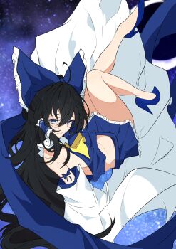 Rule 34 | 1girl, absurdres, ahoge, alternate color, arm ribbon, ascot, bare shoulders, black hair, blue eyes, blue shoes, blue theme, bow, commentary, detached sleeves, dutch angle, frilled bow, frilled hair tubes, frilled skirt, frills, from behind, full body, hair between eyes, hair bow, hair tubes, hakurei reimu, half updo, high heels, highres, knee up, legs up, long hair, looking at viewer, looking back, lying, midriff, miniskirt, no socks, on back, pleated skirt, pumps, ribbon, ribbon-trimmed bow, ribbon-trimmed sleeves, ribbon trim, shoes, sidelocks, skirt, skirt set, solo, star (sky), touhou, unanooo (fthx7532), upturned eyes, very long hair, wide sleeves, yellow ascot