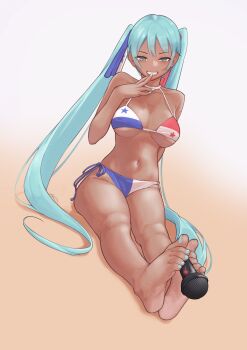 1girl absurdres aiharararara alternate_breast_size_(larger) aqua_eyes aqua_hair aqua_nails barefoot bikini bilingual_commentary blue_eyes breasts collarbone commentary english_commentary feet flag_print foot_focus foot_pussy foreshortening full_body gradient_background hair_ribbon hand_up hatsune_miku highres holding_with_feet large_breasts legs_together long_hair looking_at_viewer micro_bikini microphone mixed-language_commentary nail_polish navel panama_flag panamanian_flag_print presenting_foot print_bikini ribbon simple_background sitting smile smug soles solo swimsuit tan toenail_polish toenails toes very_long_hair vocaloid
