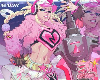 bandaid bandaid_on_face bandaid_on_nose blonde_hair blue_eyes blue_eyeshadow blue_nails border braid character_logo character_name choker commentary darkchylde dual_persona english_commentary eyeshadow fur_jacket grin headphones heart heart_choker highres holding holding_sword holding_weapon jacket jewelry linea_alba looking_at_viewer magik_(new_millenia_might)_(x-men) magik_(x-men) makeup marvel marvel_rivals midriff navel navel_piercing official_alternate_costume piercing pink_choker pink_jacket pink_lips ring samu_sugu shorts smile solo sword twin_braids weapon white_border white_shorts x-men y2k_fashion zoom_layer