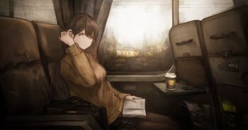 1girl absurdres bag book bus bus_interior closed_mouth cup curtains disposable_coffee_cup disposable_cup grey_sky hair_behind_ear highres holding holding_book lliftt long_hair long_sleeves looking_at_viewer motor_vehicle open_book original pantyhose shoulder_bag skirt sky sweater train train_interior window yellow_eyes yellow_sweater
