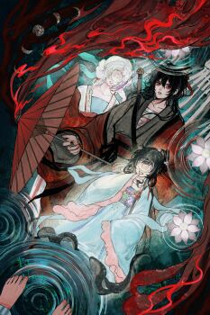 1boy 2girls absurdres afloat bags_under_eyes bai_lingmiao bandaged_chest bandaged_neck bandages barefoot black_hair black_hanfu black_nails black_sash blood blood_on_hands bloody_bandages blue_hanfu blue_shawl changmingsuo chinese_clothes chinese_commentary coat collarbone dao_gui_yi_xian double_bun dress faceless faceless_female fire flower from_above hair_between_eyes hair_bun hair_flower hair_ornament hair_ribbon half_updo hanfu highres holding holding_umbrella li_huowang li_sui_(princess_anping) long_hair long_sleeves looking_at_viewer lotus lying monster_girl moon_phases multiple_boys multiple_girls nail_polish oil-paper_umbrella on_back open_clothes open_robe parted_lips partially_submerged pink_flower qixiong_ruqun red_coat red_eyes red_ribbon red_sash red_umbrella ribbon ripples robe sash shawl shoulder_belt shuangyaji sidelocks single_hair_bun smile sword sword_on_back sword_tassel tassel tentacles tentacles_under_clothes umbrella water weapon weapon_on_back white_flower white_hair white_hanfu wide_sleeves yansi111