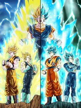 3boys absurdres adjusting_clothes adjusting_gloves armor aura black_bodysuit bodysuit boots clenched_hands clenched_teeth dougi dragon_ball dragon_ball_super dragonball_z dual_persona electricity film_grain frown gloves highres male_focus multiple_boys muscular muscular_male serious smile son_goku split_screen super_saiyan super_saiyan_1 super_saiyan_blue symmetry teeth vegeta vegetto wai_(y48754085) white_footwear white_gloves